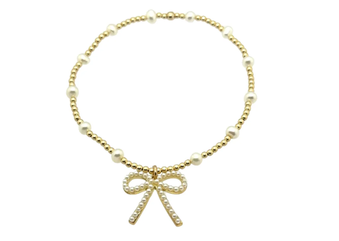 "BARA   FWP BOW" Charm Gold Filled & Pearl Beaded Bracelet