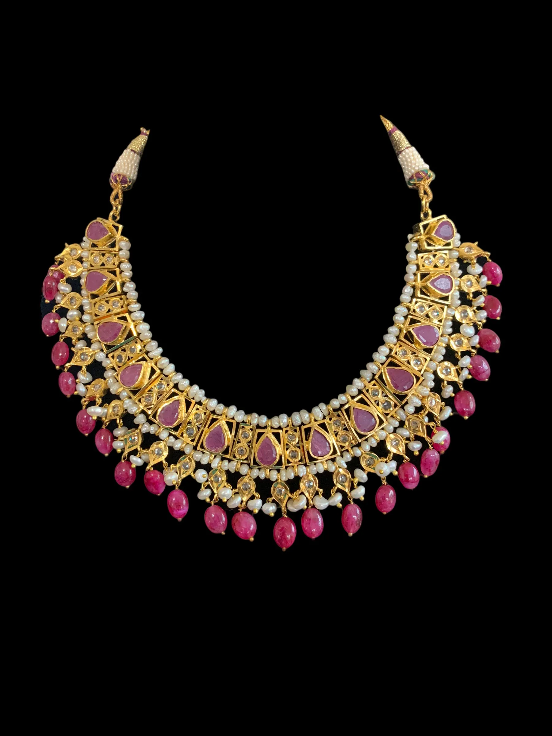 RAKIBA gold plated silver necklace set in ruby with fresh water pearls ( READY TO SHIP )