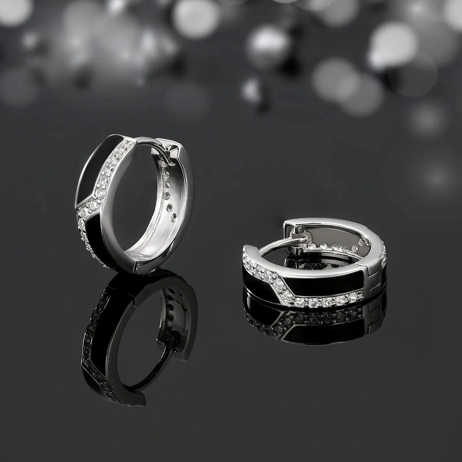 S925 Silver Iced Black Hoop Earrings in White Gold - 15mm