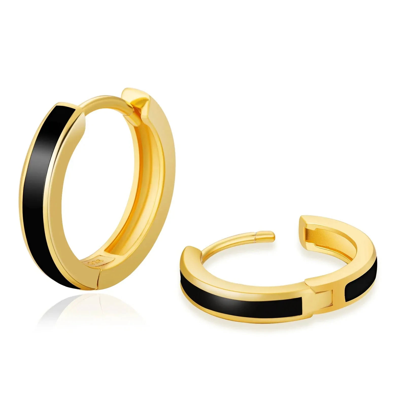 S925 Silver Sleek Black Hoop Earrings in 14K Gold - 15mm