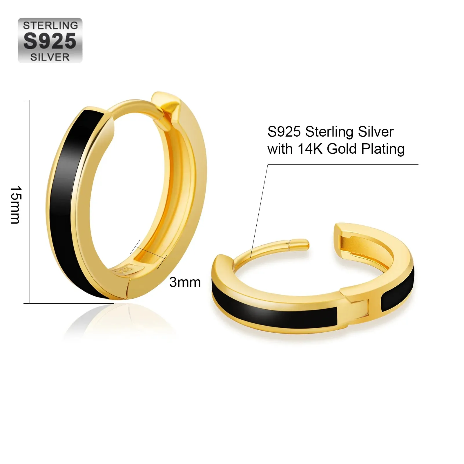 S925 Silver Sleek Black Hoop Earrings in 14K Gold - 15mm