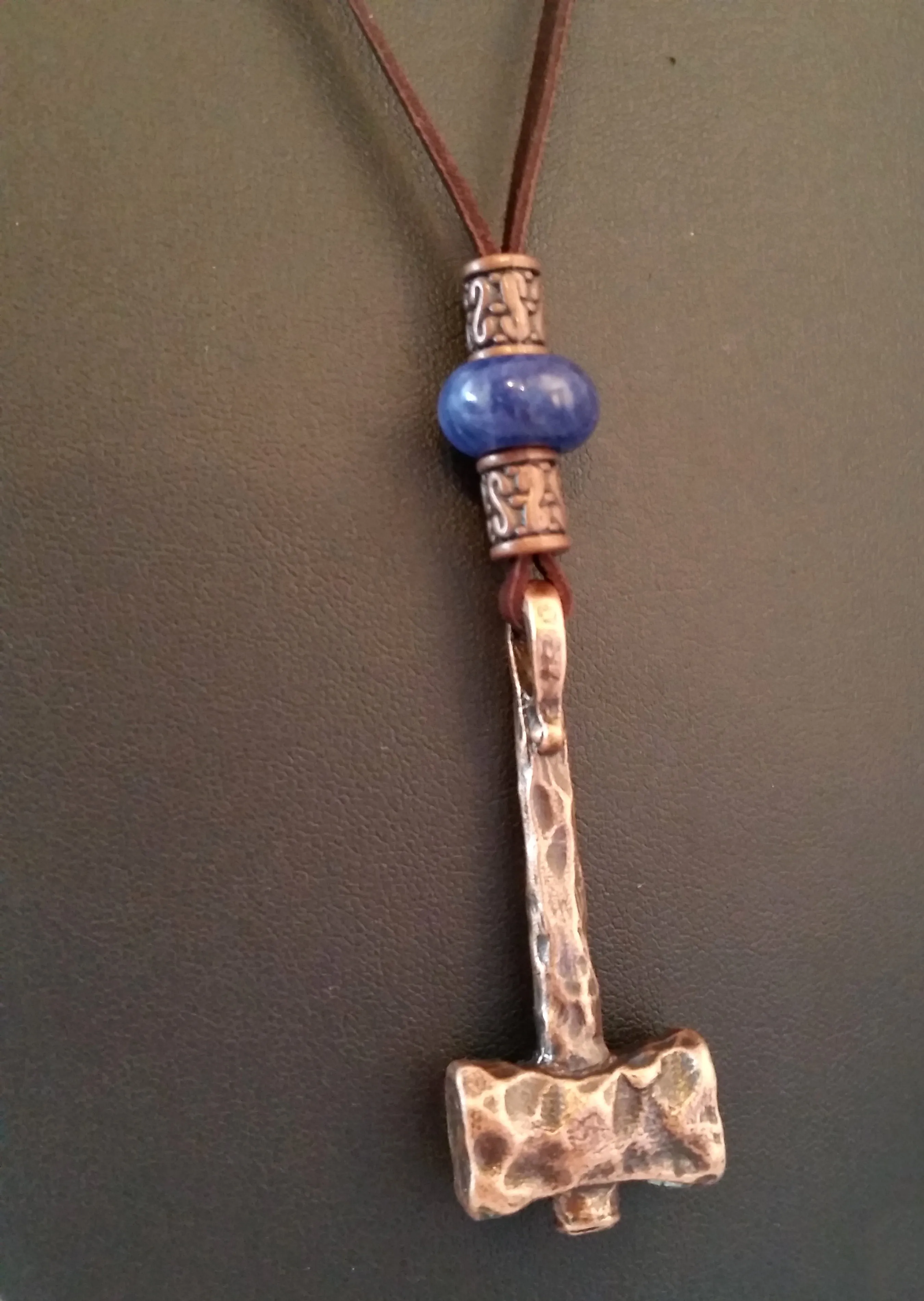 Thor's Hammer Necklace Copper Brown Leather Lapis Blue | MTM